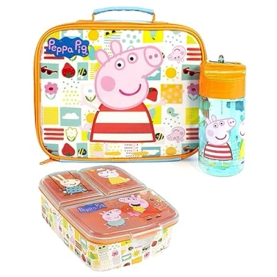 Image of Peppa Pig Lunch Box Set for Kids School Food Bag, Water Bottle &amp; Snack Pot Adventure with George Pig, Rebecca Rabbit, Suzy Sheep Carry Peppa&#039;s Everywhere