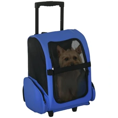 Image of PawHut Pet Travel Backpack Bag Cat Puppy Dog Carrier w/ Trolley and Telescopic Handle Portable Stroller Wheel Luggage (Blue)