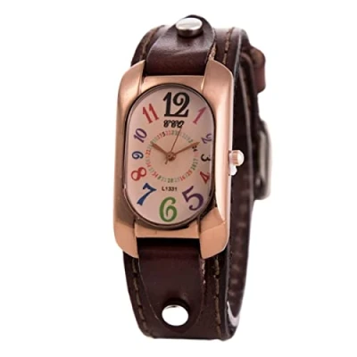 Image of Vintage Leather Quartz Stone Women&#039;s Watch, Strap Ladies Genuine Rectangle Digital Watch (Dark Coffee)