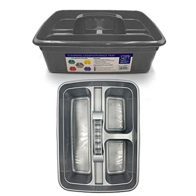 Image of TDBS The Dustpan and Brush Store Cleaning Caddy with Handle Cleaners Organiser Carry Baskets for Products (Silver)