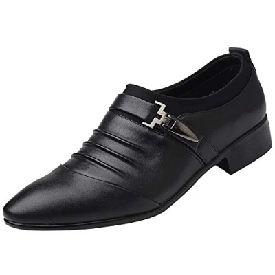 Image of Dress Wedding Shoes for Men UK, Pointed Toe Leather Oxfords Smart Stylish Shoes, Casual Work Office Comfort Anti Slip Cosy Walking Classic Business Pleated Black