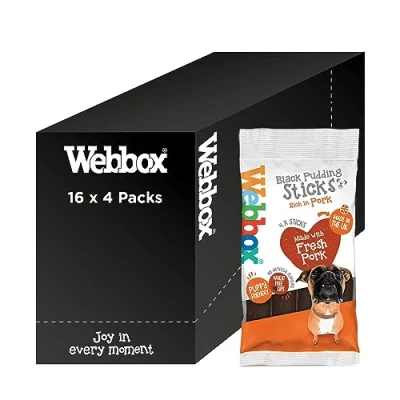 Image of Webbox Black Pudding Sticks Dog Treats Made with Fresh Pork, Puppy Friendly, Wheat Free Recipe, No Artificial Flavours, in the UK (16 x 4 Packs)