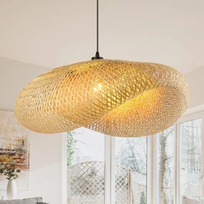 Image of Schindora Retro Rattan Lampshade,80Cm Pendant Light Handwoven Hat Lighting Ceiling Creativity Boho Lampshade for Restaurant Tea Room Bedroom Living Cafe,E27