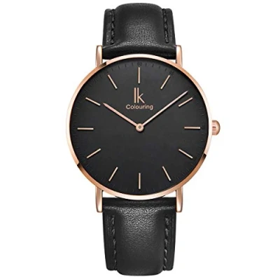 Image of Alienwork Watch Men Women Rose Gold Leather Strap Black Ultra Thin