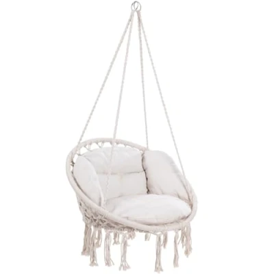 Image of DETEX® Boho Style Swing Hanging Chair with Cushions Hammock Outdoor &amp; Indoor 150 kg Load Capacity Garden Swinging Seat Beige Cream