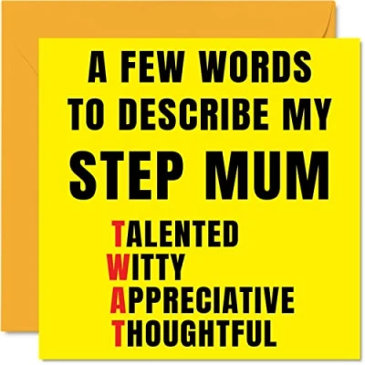 Image of Rude Birthday Cards for Step Mum Few Words Describe Tw*t Joke Happy Card from Daughter Son, Banter Gifts, 145mm x Offensive Mother&#039;s Day Greeting