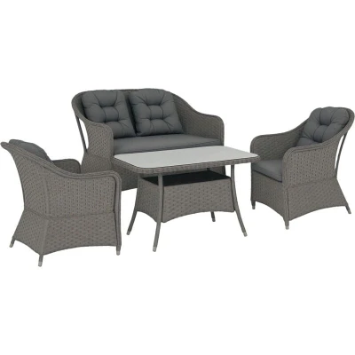 Image of Outsunny 4 Pieces Outdoor PE Rattan Garden Furniture, Patio Round Wicker Woven Conversation Sofa Set w/Padded Cushions and Tempered Glass Top Table For Balcony, Pool, Garden, Sand, Light Grey
