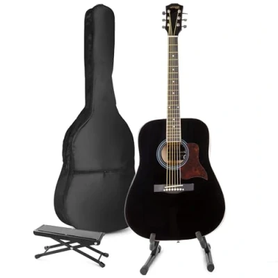 Image of Max SoloJam Black Acoustic Guitar Starter Kit with Stand Ideal Beginner Guitars Package Includes Foot and 6 Months Online Lessons