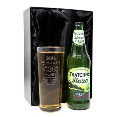 Image of Personalised Engraved Pint Glass &amp; Cider Gift Set Bright Life Design (Thatchers Haze Somerset Cider, Silk Lined Box)