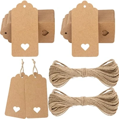 Image of G2PLUS Brown Gift Tags with Heart, 100PCS Blank Paper String, 4.5x9.5CM Large Labels for Wedding Favors, Craft Presents, 300g/m²