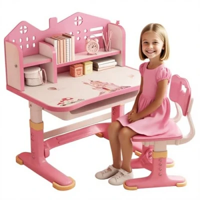 Image of Tuelaly Kids Desk and Chair Set,Height Adjustable Children&#039;s Desks with Spacious Storage Drawer,Golden Distance Preventing Myopia Design for School Home Study (Pink A)