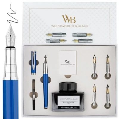 Image of Wordsworth &amp; Black Fountain Pen Gift Set, Includes Ink Bottle, 6 Cartridges, Refill Converter, 4 Replacement Nibs, Premium Package, Journaling, Calligraphy, Smooth Writing Pens [Blue Chrome]