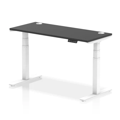 Image of Air 1400x600mm Height Adjustable Desk Black Top Cable Ports White Leg