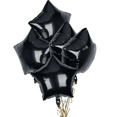Image of Pack of 5 Black Star Balloons, 18 Inches Shape Foil Balloons Helium for Valentines Engagement Bridal Shower Graduation Baby Wedding Anniversary Birthday Party Decorations