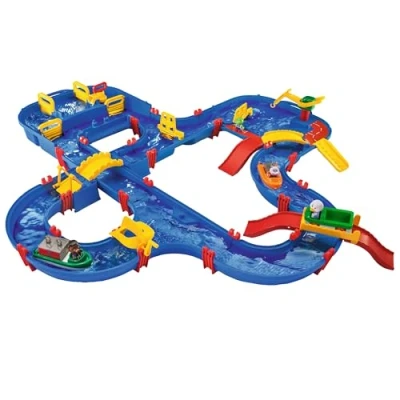 Image of BIG Spielwarenfabrik 1650 AquaPlay AmphieWorld 145 x 156 cm Waterway, Includes 79 Pieces, Play Set Including 2 Boats, Amphibian Car and 3 Toy Figures, for Children from Years