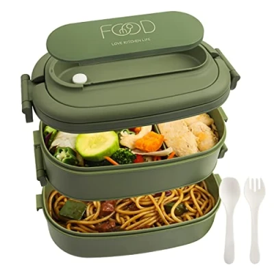 Image of OITUGG 2 Layer Lunch Box 1550ml Bento with Cutlery Set 3 Compartments for Adults Men Women, BPA Free, Microwave Safe, 19.2x11.5x12cm, Green