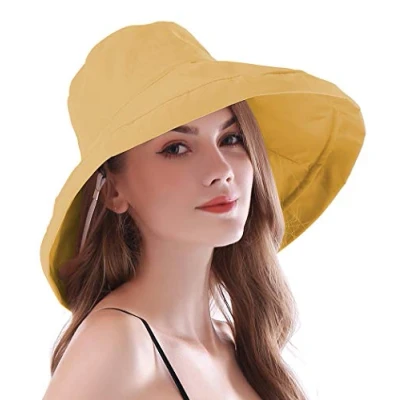 Image of AIDIER Women Wide Brim Sun Hats with Straps Ladies Foldable UPF 50+ Protective Bucket Hat Elegant Travel Summer Yellow