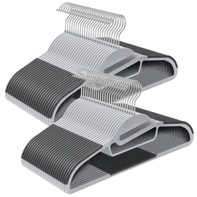 Image of SONGMICS Set of 50 Plastic Hangers, Coat Hangers with U Shaped Opening, Non Slip, Space Saving, 0.5 cm Thick, 41.5 Long, 360 Swivel Hook, Light and Dark Grey CRP41G