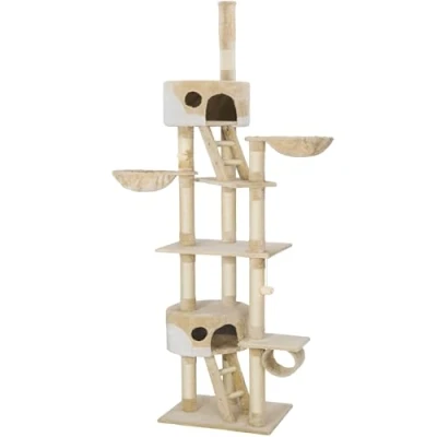 Image of tectake® Multi Level Cat Tree with 2 Cosy Houses, Durable Sisal Scratching Posts, Ladders, Beds, Snug Tunnel &amp; Toy Balls, 260cm Robust Anti Tip Tower for Cats Kittens Grey/White