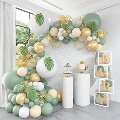 Image of Olive Green Balloon Arch Kit,111Pcs Sage Ballloon Garland with White Gold Confetti Balloons Retro for Boy Birthday Party,Baby Shower Decoration,Jungle Safari Theme Party,Wedding