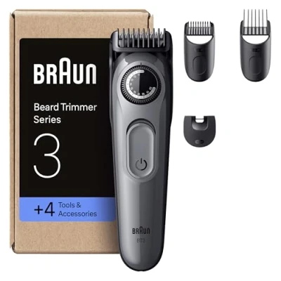 Image of Braun Beard Trimmer Series 3, +4 Styling Tools, Ultra Sharp Blade, 50 Min Runtime, 40 Lengths, BT3525, Grey
