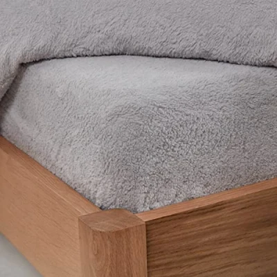 Image of Brentfords Teddy Fleece Fitted Bed Sheet Plain Thermal Warm Soft Luxury Sherpa Bedding, Grey Silver Single