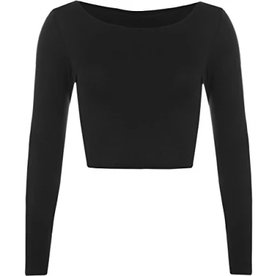 Image of Womens Crop Long Sleeve T Shirt Ladies Short Plain Round Neck Top Black 12/14