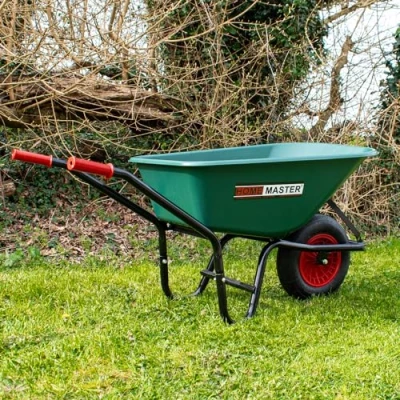 Image of HOMEMASTER® Heavy Duty Garden Wheelbarrow 90L 150KG Pneumatic Tyre Toughened Plastic Strong Large Transport Trolley Handcart Wheel Barrow Green &amp; Black