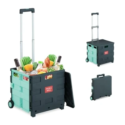 Image of Relaxdays Shopping Trolley, Foldable, Wheels, Lid &amp; Telescopic Handle, up to 35kg, Cart, Basket, Turquoise, 98 x 45 39 cm