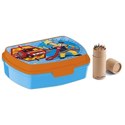 Image of OM SUPPLIES Sandwich Lunch Snack Box Kids Children School Includes Half Size 12pcs Pencil Set (Fireman Sam)