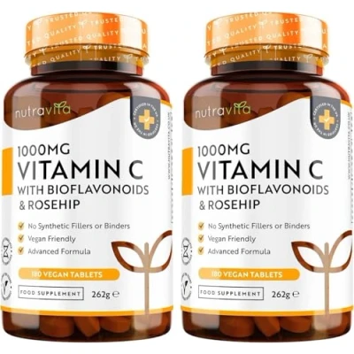 Image of Vitamin C 1000mg (2 Packs of 180) 360 Vegan &amp; Vegetarian VIT Tablets 1 Year Supply High Strength Ascorbic Acid Added Bioflavonoids Rosehip Normal Immune System UK Made by Nutravita