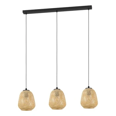 Image of Eglo Dembleby 3 Bulb Pendant Light, Vintage, Nature and Hygge Designed Ceiling Light Fitting, Braided Wooden Wicker Steel Living Room Hanging lamp, E27 Socket