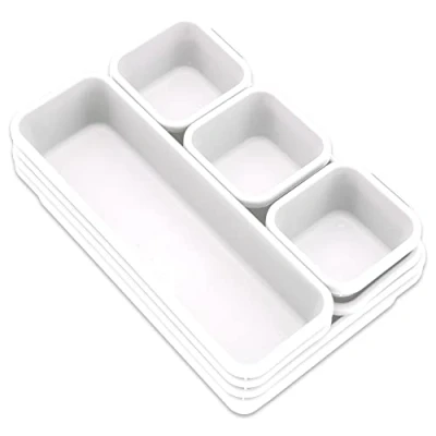 Image of Addis 8pcs Interlocking Drawer Organiser Plastic Storage Trays Dividers for Kitchen Office Desk Make Up Clothing Jewellery Craft Bathroom organising, White