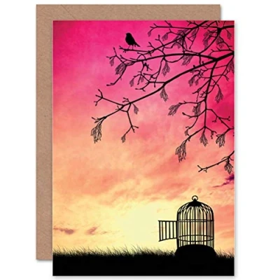 Image of Wee Blue Coo Bird Cage Pink Sunset Freedom Silhouette Birthday Art Sealed Greeting Card Plus Envelope Blank inside