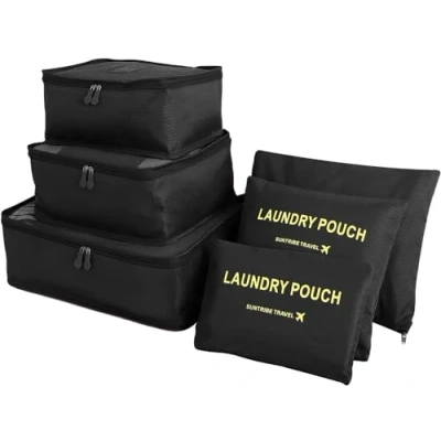 Image of BSLVWG Travel Organiser Packing Bags,6 PCS Cubes Set for Clothes Luggage Organizers Storage Bags Waterproof Nylon (Black)