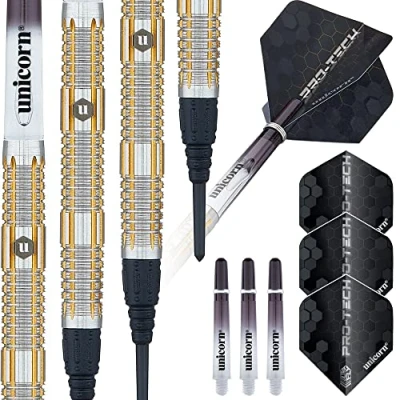Image of Unicorn Soft Tip Darts Set Pro Tech Style 4 70% Natural Tungsten Barrels with Golden Accents Epic Tips 18 g