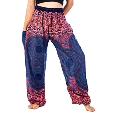 Image of Lofbaz Harem Pants for Women Hippie Boho Festival Clothing Bohemian Trousers Yoga Beach Summer Smocked Waist with Pockets Rose 1 Dark Blue 4XL Plus