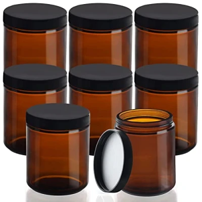 Image of BELLE VOUS 8 Pack Round Amber Glass Jars 240ml / oz Empty Refillable Containers with Black Screw On Lids Pot for Cosmetic Storage, Lotion, Face Cream, Essential Oils, Ointment, and Makeup