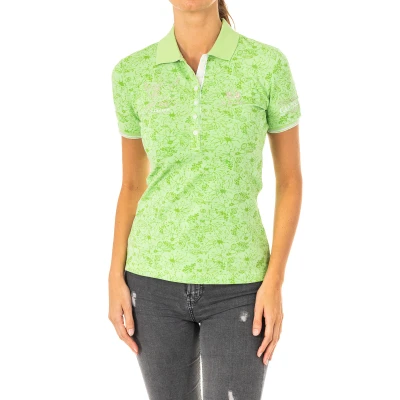 Image of La Martina Womenss short sleeved polo shirt with lapel collar LWP309 Green Cotton Size Medium