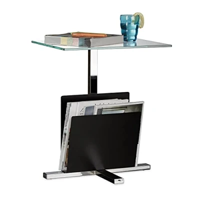 Image of Relaxdays Side Table with Newspaper Stand, Metal, Glass Coffee Table, Magazine Shelf, HxWxD: 53 x 46 36 cm, Black