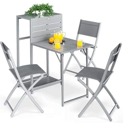 Image of CASARIA® 4 Piece Balcony Furniture Set Table with 3 Chairs Foldable Space Saving Design Including Wheels Weatherproof Steel Powder Coated Garden Patio Seating Group Grey