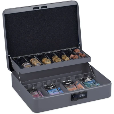 Image of Relaxdays Cash, 3 Digit Number Combination, Coin Insert, Iron Money Box, H x W D: 8.5 30.5 25 cm, Grey, 60% 30% Plastic 10% Steel, Gray, 8,5 30,5 cm