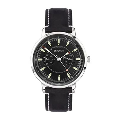 Image of Sekonda 1978 Mens 38mm Quartz Watch in Black with Analogue Day/Date Display, and Leather Strap 30098