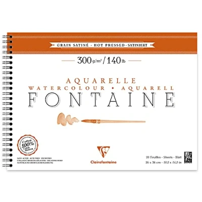Image of Clairefontaine Ref 96353C Fontaine Hot Pressed Watercolour Wirebound Pad (12 Sheets) 26 x 36cm Size, 300gsm Paper Suitable for Artwork