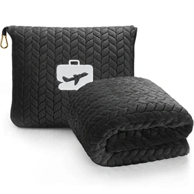 Image of EverSnug Premium Travel Blanket Pillow Soft 2 in 1 Airplane with Bag Pillowcase, Hand Luggage Sleeve and Backpack Clip (Black)
