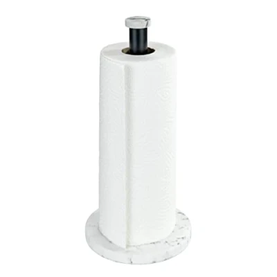 Image of WENKO kitchen roll holder marble, standing in elegant marble look for the kitchen, with base made of plastic and black bar metal, (W/D x H): Ø 15 32 cm, white