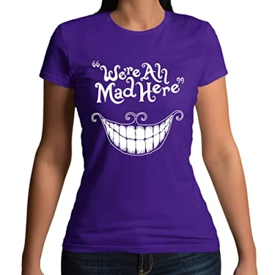 Image of Flip Womens We&#039;re All Mad Here Cheshire Cat Quote T Shirt Purple UK 12 14 (XL)