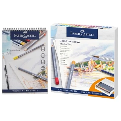 Image of Faber Castell Goldfaber Aqua, Watercolour Pencils, Set Of 38 &amp; Pad, A4, Spiral Bound Paper, 190 GSM, 15 Sheets