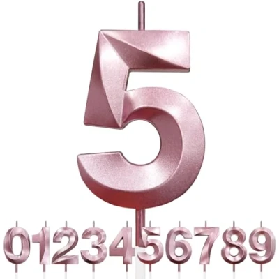 Image of Number 5 Birthday Candles, 3D Design Rose Gold Glitter Happy Cake Topper Decorations, Candle for Party, Wedding Anniversary 1pc (Pink Gold)