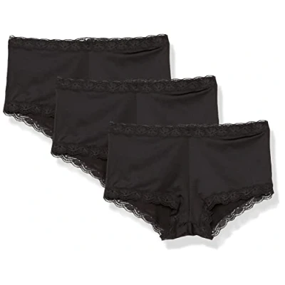 Image of Maidenform Women&#039;s Underwear, Microfiber with Lace Boyshort Panties, One Fab Fit, 3 Pack Boy Short, Black/Black/Black, M (Pack of 3)